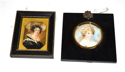 Lot 149 - A late George III miniature portrait on ivory, depicting a young woman, tondo, 5.5cm diameter,...
