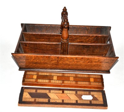 Lot 158 - An oak cutlery tray and two inlaid cribbage boards