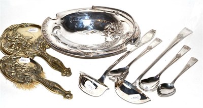 Lot 159 - An Art Nouveau plated hand mirror and brush, cast with flowers, stamped E.P.N.S, 24cm and 30cm;...