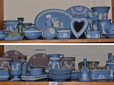 Lot 183 - A large collection of Wedgwood Jasperware including blue and green vases, dishes etc (on two...