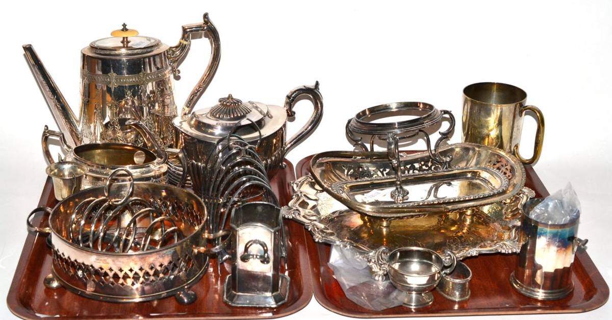 Lot 191 - A group of assorted silver plate including tea pots, trays, toast racks together with two small...