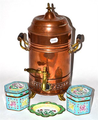 Lot 211 - A copper hot water urn together with three pieces of cloisonne