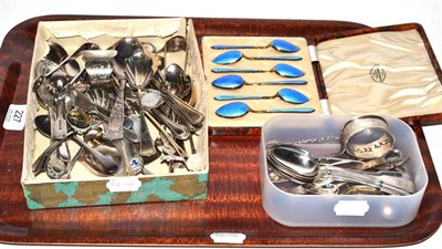 Lot 227 - A cased set of silver gilt and enamel coffee spoons, assorted other silver and plated cutlery etc