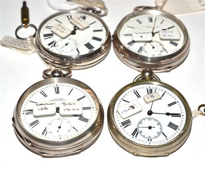 Lot 247 - Three silver open faced pocket watches, two signed Waltham and one retailed by Fattorini &...