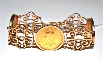 Lot 272 - Three Victorian sovereigns dated: 1887, 1888 and 1895 mounted in a gold bracelet stamped 375 to the