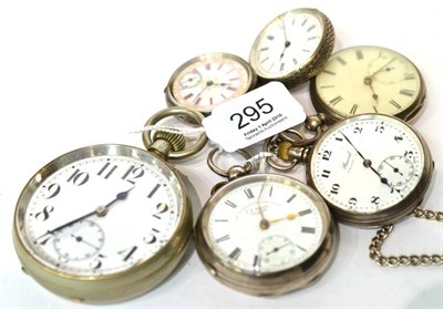 Lot 295 - Three silver pocket watches, two lady's fob watches and a nickel plated pocket watch