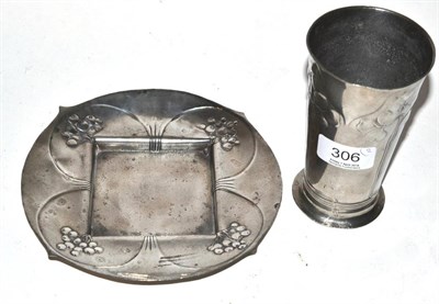 Lot 306 - An Art Nouveau Orivit pewter beaker, model No. 2109, cast in low relief with clover, stamped...