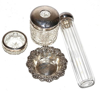 Lot 314 - Silver lidded hair tidy and assorted other pieces (4)