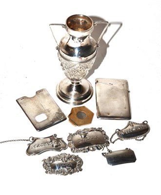 Lot 315 - Five spirit labels (two silver), two silver card cases and a 9ct gold cigar cutter together...