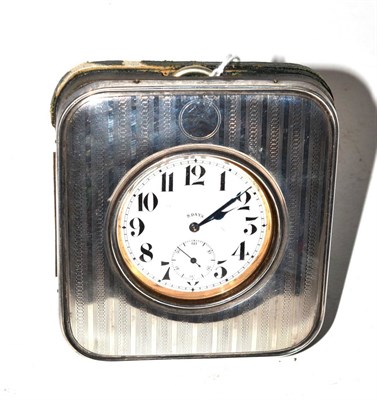 Lot 318 - A silver mounted cased travelling nickel plated timepiece