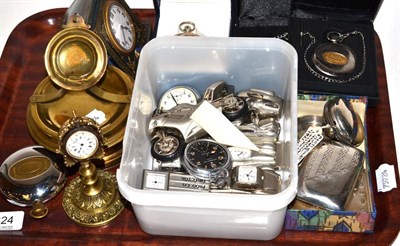 Lot 324 - A tray comprising of two watch holders, one with a lady's fob watch, travelling timepiece, four...