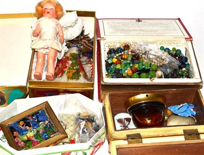 Lot 327 - Assorted costume jewellery, beadwork panel, miniature figures etc in three card boxes and...