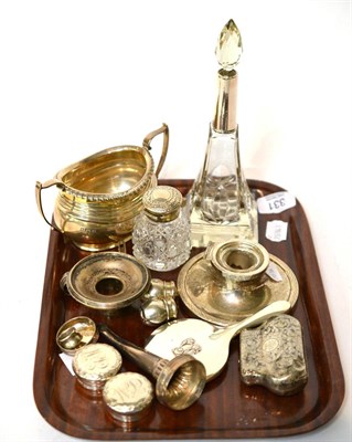 Lot 331 - A quantity of silver including a twin handled sugar bowl, wine funnel, capstan inkwell...