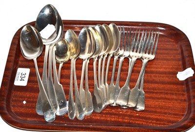 Lot 334 - A group of silver flat ware including a set of six salad forks, a set of six dessert spoons,...