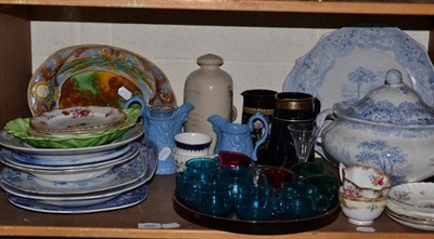 Lot 366 - Blue and white soup tureen and jugs, coloured glassware etc