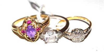 Lot 369 - A 9ct gold amethyst cluster ring, a diamond cluster ring, stamped '18CT' and 'PLAT' and a cubic...