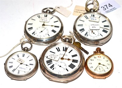 Lot 374 - Three silver open faced pocket watches, one signed Waltham and one retailed by H Samuel,...