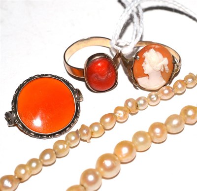 Lot 385 - A coral ring, a cameo ring, a cornelian brooch, a cultured pearl necklace