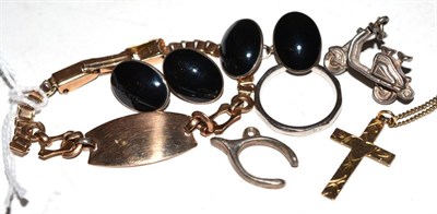 Lot 386 - An identity bracelet, a cross pendant on chain, cufflinks, a palladium ring etc