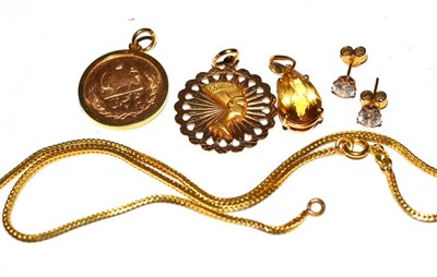 Lot 393 - Three charms, a chain and a pair of earrings