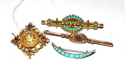 Lot 411 - Two bar brooches, a crescent brooch and a cruciform brooch