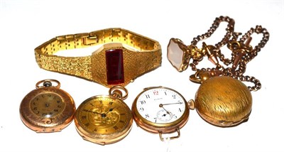 Lot 418 - A 9ct gold lady's fob watch, plated Elgin wristwatch, plated fob watch, plated sovereign holder and