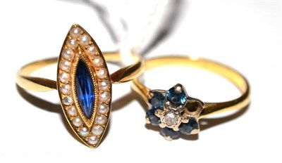 Lot 420 - A sapphire and pearl set ring stamped 585 and a cluster dress ring (stone missing) (2)