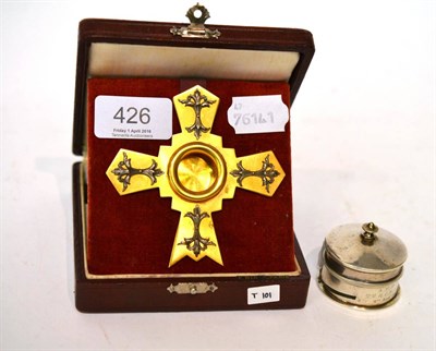 Lot 426 - A leather cased travelling gilt monstrance in the form of a cross with certificate of...