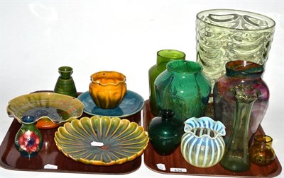 Lot 434 - A group of Linthorpe pottery including three plates and two vases together with a Moorcroft...