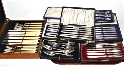 Lot 436 - An oak cased silver bladed and ivory handled fish service together with four cased sets of six...