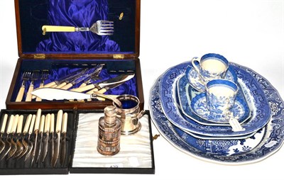 Lot 439 - A group of 19th century blue and white Old Willow wares, including a pair of Copeland teacups...