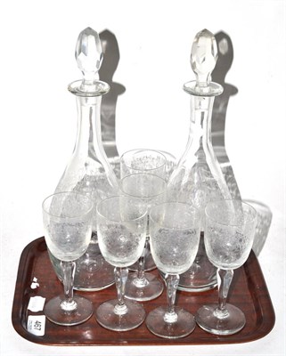 Lot 467 - A 19th century set of six etched glass wines together with a pair of matching decanters