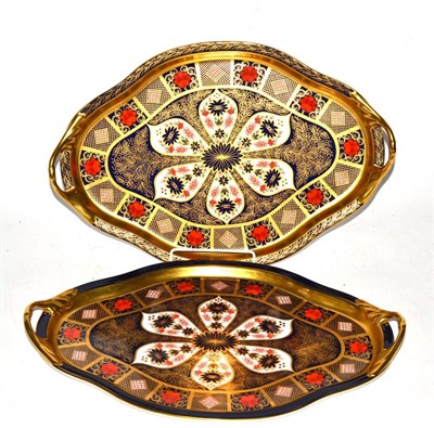 Lot 478 - A matched pair of Royal Crown Derby old Imari twin handled lozenge form trays, one first...