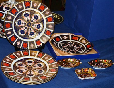 Lot 484 - A group of Royal Crown Derby old Imari pattern wares including four dinner plates, a twin...