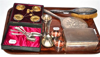 Lot 503 - A group of silver including cigarette box, pair of napkin rings, salad servers, set of six...