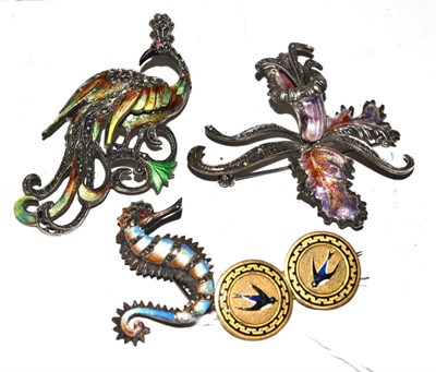 Lot 508 - An enamelled silver seahorse brooch, a swallow brooch and two fancy enamelled brooches