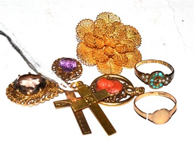 Lot 512 - A gold and coral pendant, two others, two gold crosses and other items