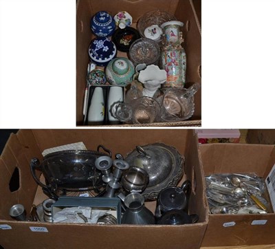 Lot 1000 - A group of silver plate including flatware, footed dishes etc, together with a group of...