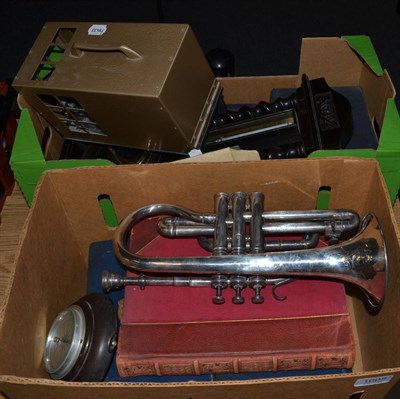 Lot 1005 - A quantity of books, a Class A Besson & Co trumpet, two aneroid barometers, thermohydrograph...