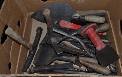 Lot 1011 - A box of steel tools, including hammers, chisels etc