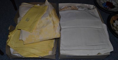 Lot 1014 - Bed linen with lace insertions and embroidered with the initials LS, yellow linen textured...