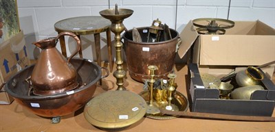 Lot 1030 - A quantity of copper and brass including log bin, pricket stick, harvest jug, twin handled...