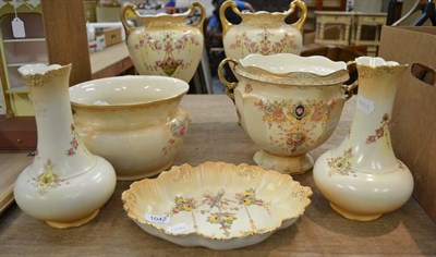 Lot 1042 - A group of Crown Devon Fieldings blush ivory wares including a pair of vases, a pair of twin...