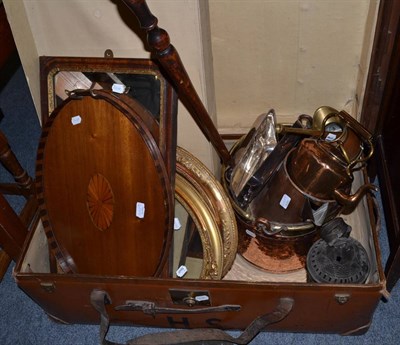 Lot 1087 - A leather travelling trunk, a 19th century copper and brass log bin, an inlaid mahogany twin...