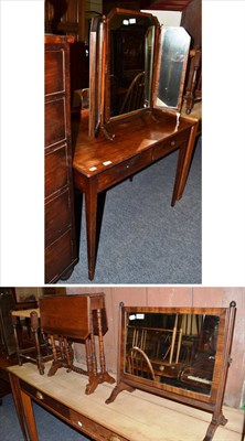 Lot 1091 - A mahogany toilet mirror, drop leaf occasional table, ropework stool, triptych mirror and an...