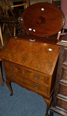 Lot 1099 - A walnut bureau together with an Edwardian inlaid twin handled tray