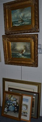 Lot 1153 - A pair of oil on board seascape pictures, two watercolours, oil on canvas still life and three...