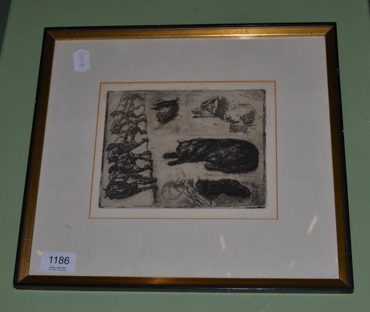 Lot 1186 - Attributed to Lowes Dalbiac Luard (1872-1944) Studies of a cat, shire horses, an old man, etc,...