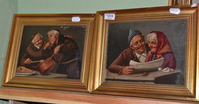 Lot 1204 - Vito, a pair of oils, 19th century, Monks eating and a couple reading