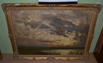 Lot 1207 - John Falconer Slater (1857-1937) Sunset over marshland, signed, oil on board